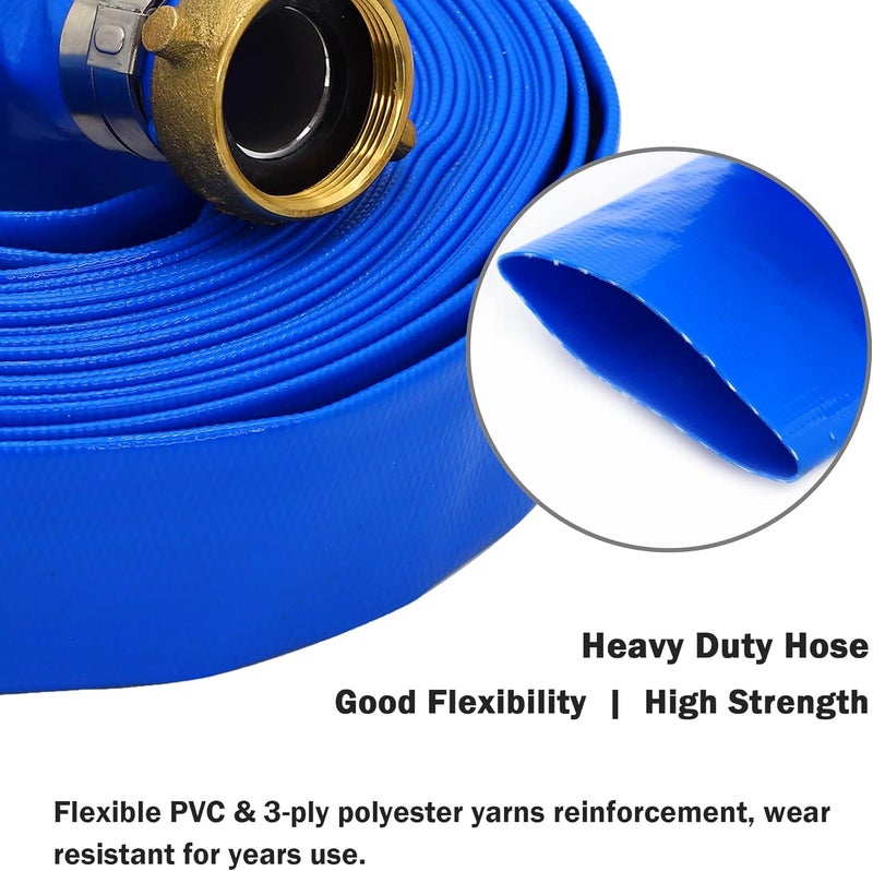 DAVCO 1.25" ID x 50 ft Pool Backwash Hose, Heavy Duty Reinforced Blue PVC Lay Flat Water Discharge Pump Hoses For Swimming Drain Pools and Clean Filters, With Aluminum Pin Lug Fittings - Image 4
